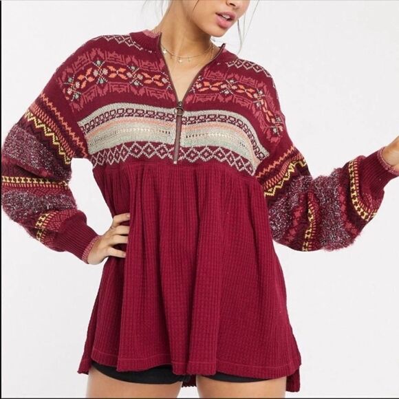 Free People S Cabin Fever Cozy Cottage Burgundy Gold Quarter Zip Sweater - Picture 1 of 16
